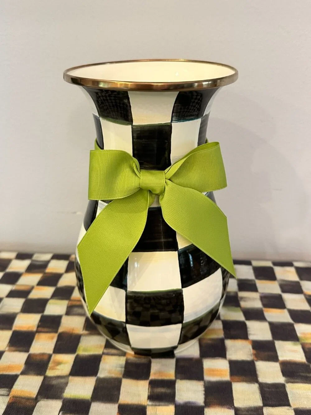 MacKenzie-Childs Courtly Check Enamel Vase With Green Ribbon 10